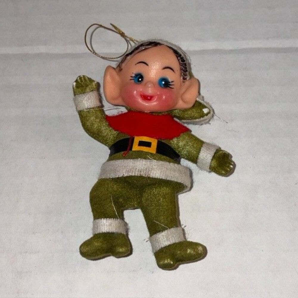 Vintage Pixie Elf Christmas Ornament Green Flocked Plastic Face Mid Century 4"